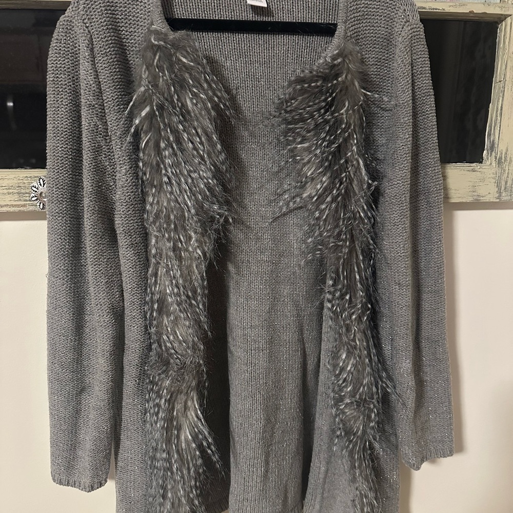 Ruby Rd. Charcoal Cardigan with Feathered Trim